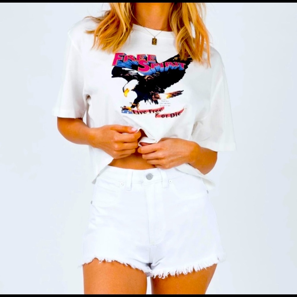 Princess Polly White Frayed Edges Star Denim Shorts size 10 NWT